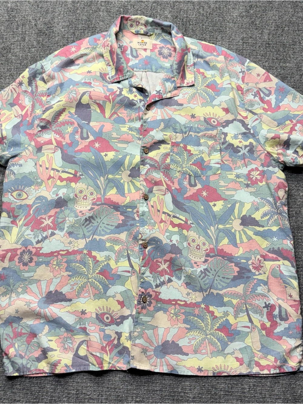 Marine Layer Resort Shirt Men L/XL Linen Blend Hawaiian Aloha Toucan Skull Camp